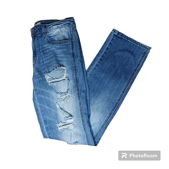 Kancan Jeans Womens 27 Ankle Mid Rise Light Wash Distressed Denim Blue Straight - Picture 1 of 7